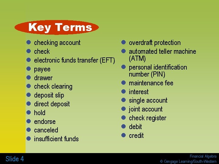 Key Terms l l l Slide 4 checking account check electronic funds transfer (EFT)