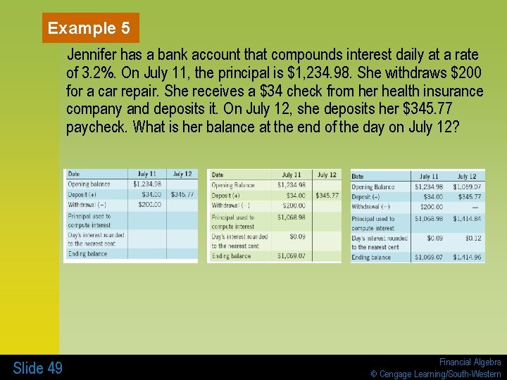Example 5 Jennifer has a bank account that compounds interest daily at a rate