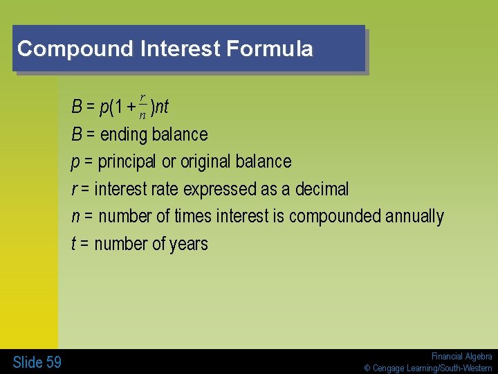 Compound Interest Formula r + n )nt B = p(1 B = ending balance