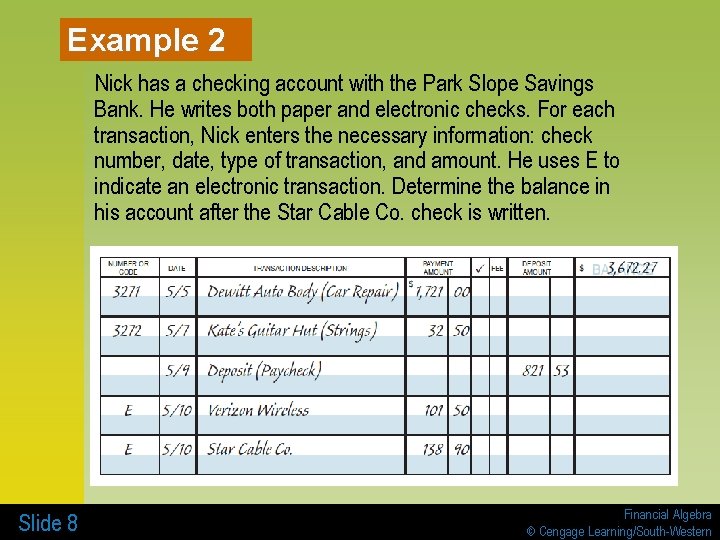 Example 2 Nick has a checking account with the Park Slope Savings Bank. He