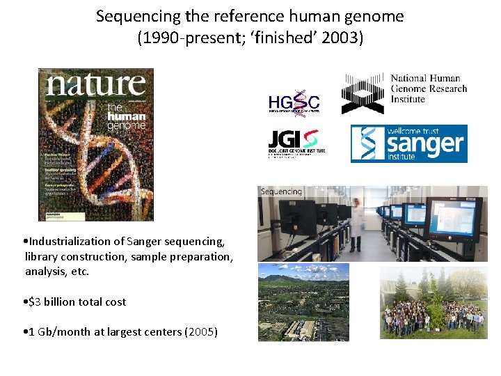 Sequencing the reference human genome (1990 -present; ‘finished’ 2003) • Industrialization of Sanger sequencing,