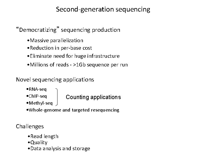 Second-generation sequencing “Democratizing” sequencing production • Massive parallelization • Reduction in per-base cost •