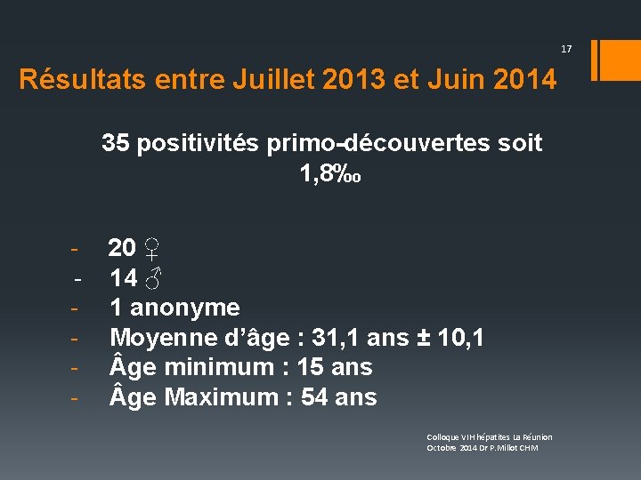 17 Résultats entre Juillet 2013 et Juin 2014 35 positivités primo-découvertes soit 1, 8‰