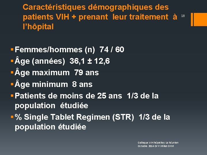 Caractéristiques démographiques des patients VIH + prenant leur traitement à 18 l’hôpital § Femmes/hommes