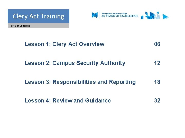 Clery Act Training Clery Table of Contents Lesson 1: Clery Act Overview 06 Lesson
