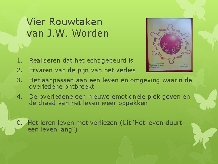 Vier Rouwtaken van J. W. Worden 1. Realiseren dat het echt gebeurd is 2.