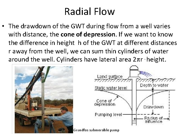 Radial Flow • The drawdown of the GWT during flow from a well varies