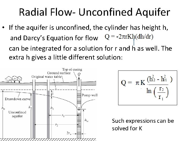 Radial Flow- Unconfined Aquifer • If the aquifer is unconfined, the cylinder has height