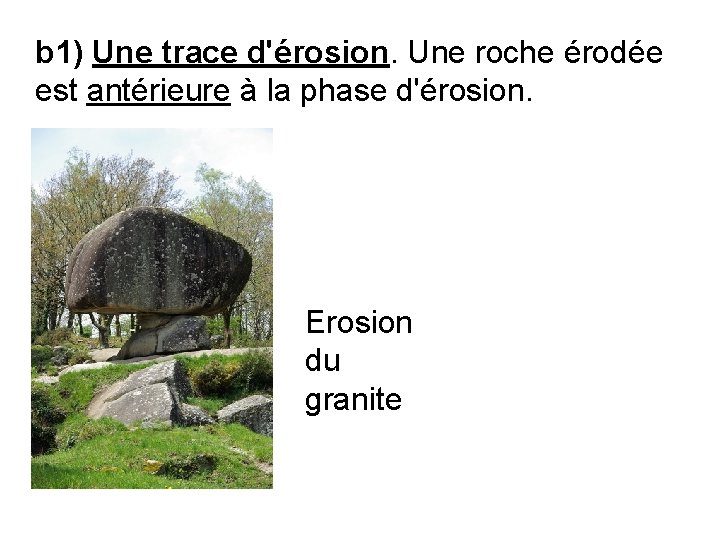 b 1) Une trace d'érosion. Une roche érodée est antérieure à la phase d'érosion.