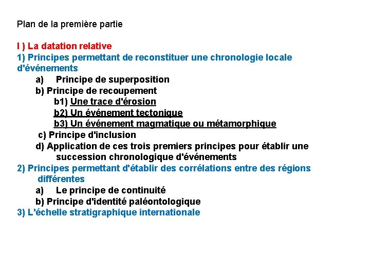 Plan de la première partie I ) La datation relative 1) Principes permettant de