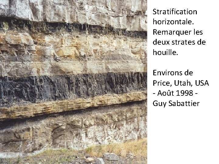 Stratification horizontale. Remarquer les deux strates de houille. Environs de Price, Utah, USA -