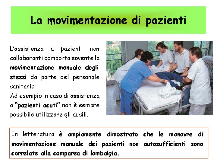 La movimentazione di pazienti L’assistenza a pazienti non collaboranti comporta sovente la movimentazione manuale