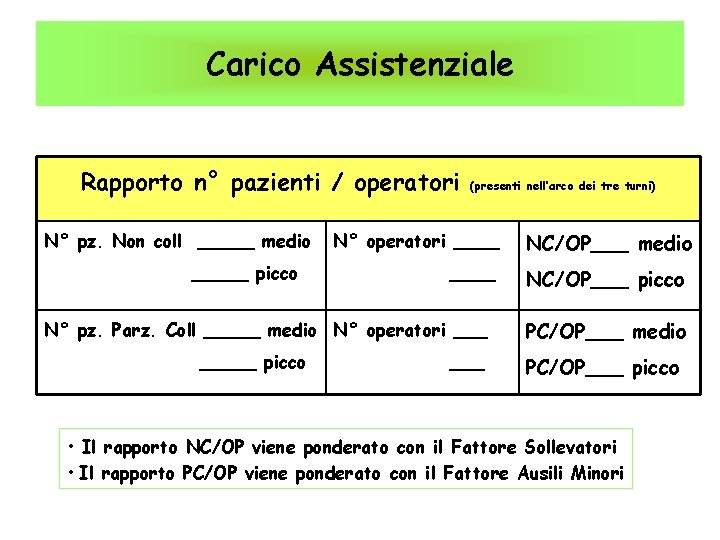 Carico Assistenziale Rapporto n° pazienti / operatori N° pz. Non coll _____ medio _____ Carico Assistenziale Rapporto n° pazienti / operatori N° pz. Non coll _____ medio _____
