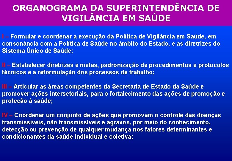 ORGANOGRAMA DA SUPERINTENDÊNCIA DE VIGIL NCIA EM SAÚDE I – Formular e coordenar a