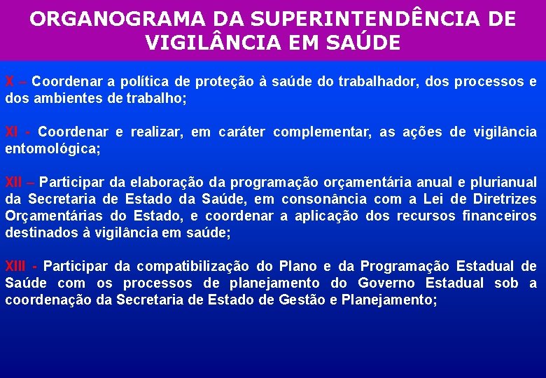 ORGANOGRAMA DA SUPERINTENDÊNCIA DE VIGIL NCIA EM SAÚDE X – Coordenar a política de