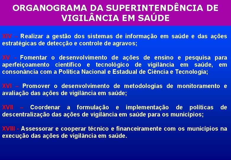 ORGANOGRAMA DA SUPERINTENDÊNCIA DE VIGIL NCIA EM SAÚDE XIV – Realizar a gestão dos