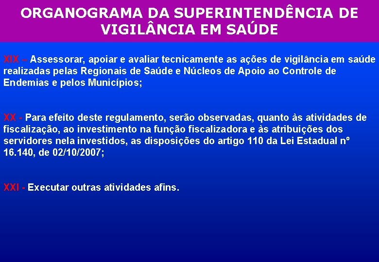 ORGANOGRAMA DA SUPERINTENDÊNCIA DE VIGIL NCIA EM SAÚDE XIX – Assessorar, apoiar e avaliar