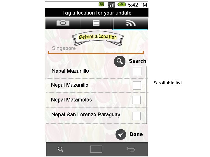 Tag a location for your update Singapore Search Nepal Mazanillo Scrollable list Nepal Mazanillo