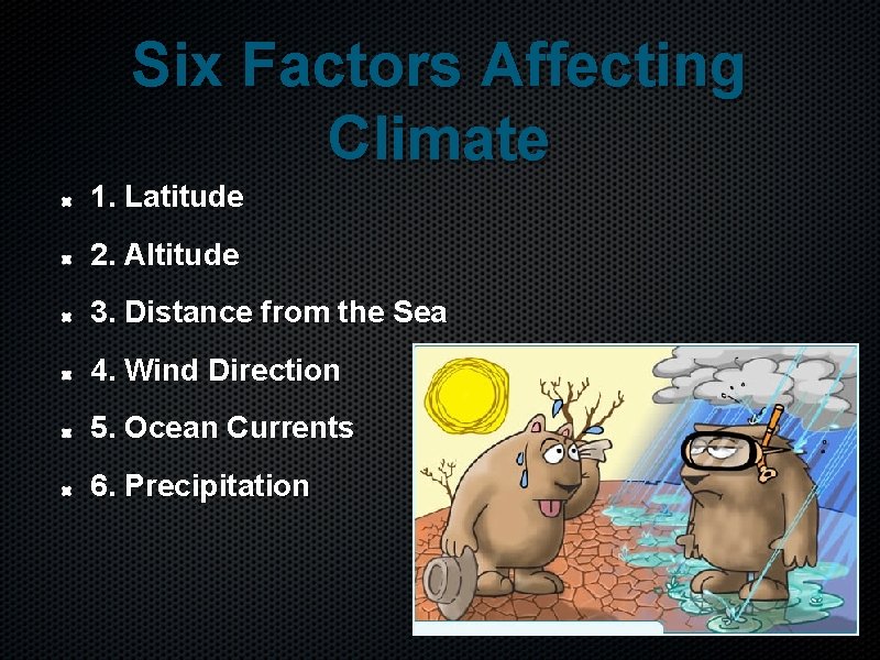Six Factors Affecting Climate 1. Latitude 2. Altitude 3. Distance from the Sea 4.