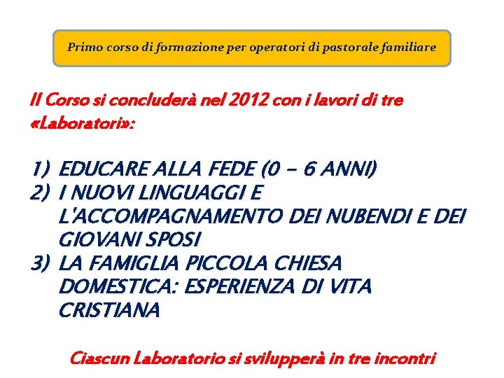 Primo corso di formazione per operatori di pastorale familiare Il Corso si concluderà nel