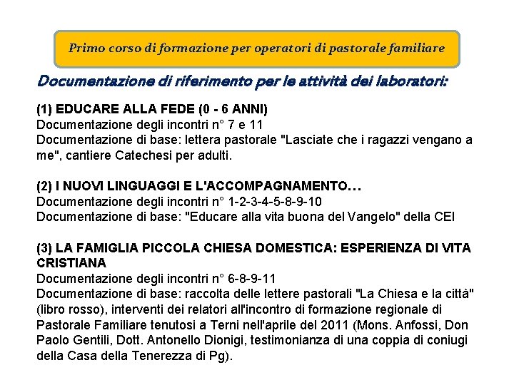 Primo corso di formazione per operatori di pastorale familiare Documentazione di riferimento per le