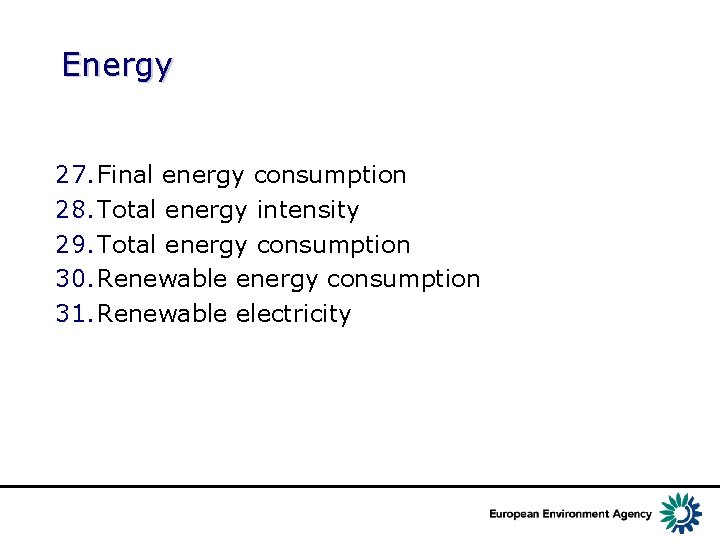 Energy 27. Final energy consumption 28. Total energy intensity 29. Total energy consumption 30.