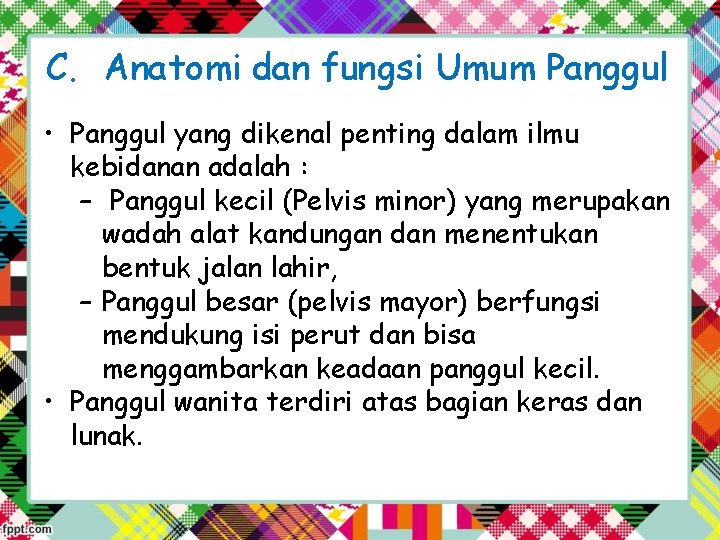 C. Anatomi dan fungsi Umum Panggul • Panggul yang dikenal penting dalam ilmu kebidanan