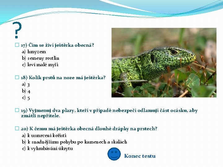 ? � 17) Čím se živí ještěrka obecná? a) hmyzem b) semeny rostlin c)