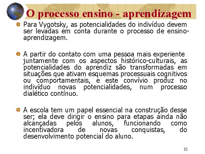 O processo ensino - aprendizagem Para Vygotsky, as potencialidades do indivíduo devem ser levadas