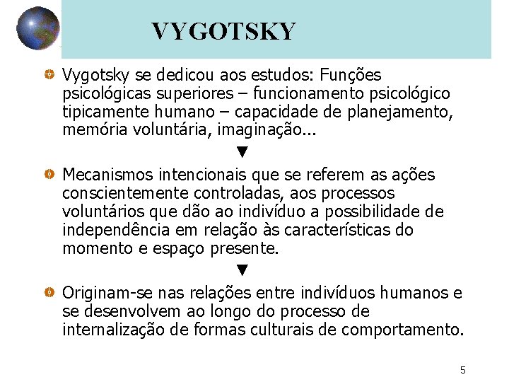 VYGOTSKY Vygotsky se dedicou aos estudos: Funções psicológicas superiores – funcionamento psicológico tipicamente humano