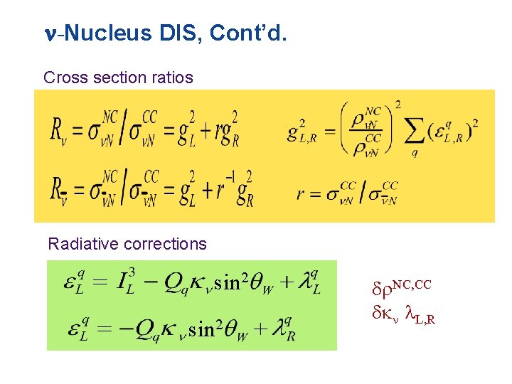  -Nucleus DIS, Cont’d. Cross section ratios Radiative corrections sin 2 NC, CC L,