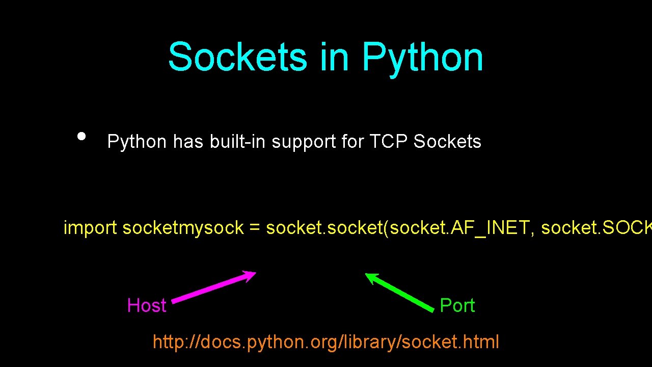 Sockets in Python • Python has built-in support for TCP Sockets import socketmysock =