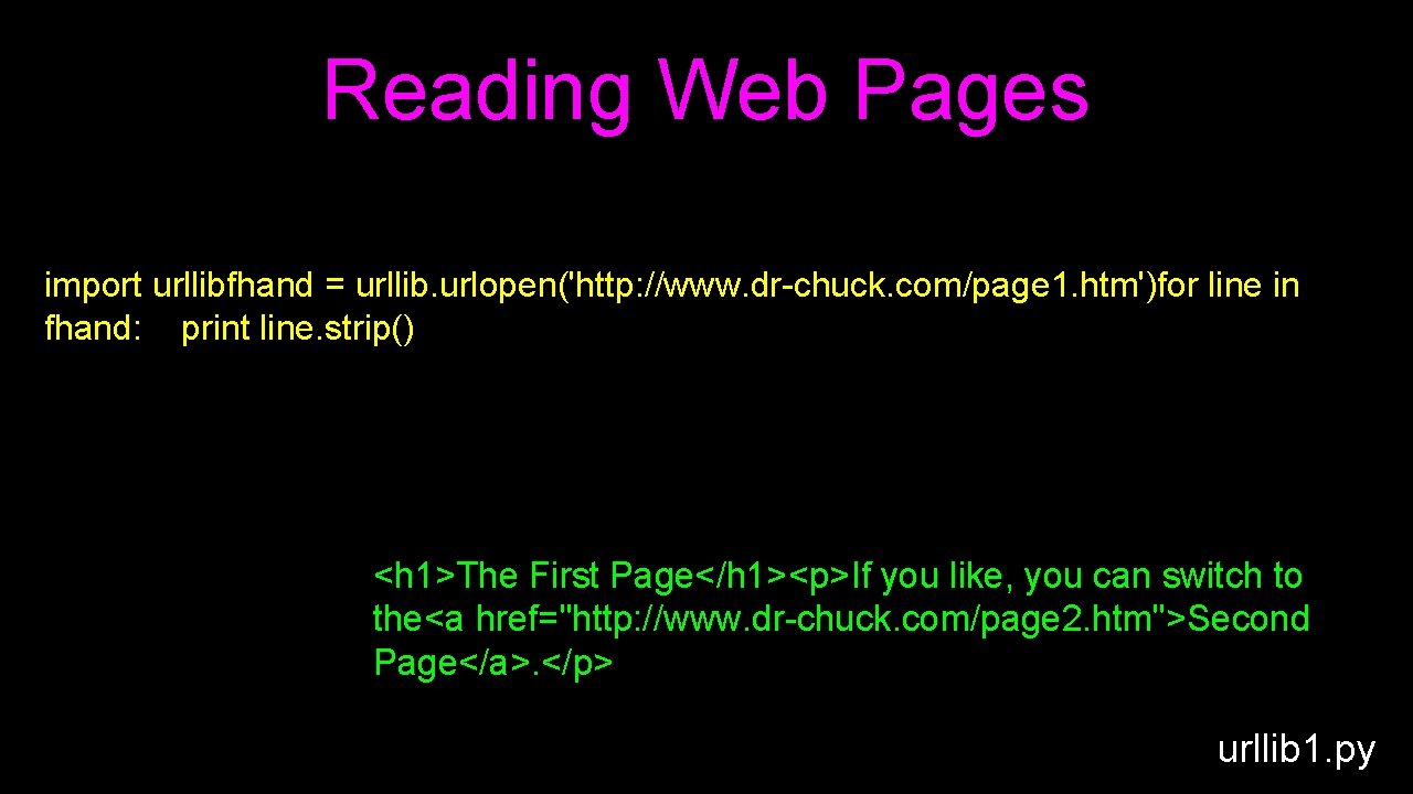 Reading Web Pages import urllibfhand = urllib. urlopen('http: //www. dr-chuck. com/page 1. htm')for line