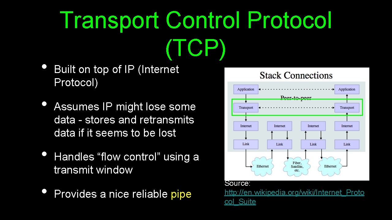  • • Transport Control Protocol (TCP) Built on top of IP (Internet Protocol)