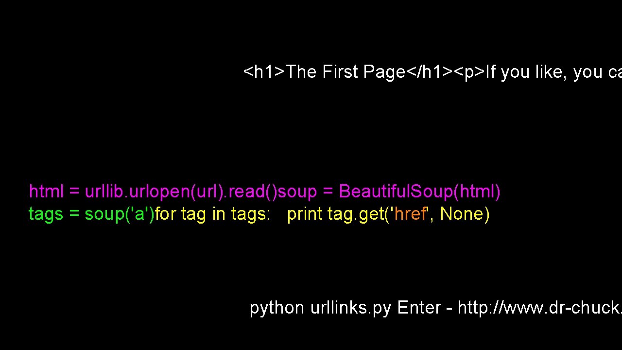 <h 1>The First Page</h 1><p>If you like, you ca html = urllib. urlopen(url). read()soup