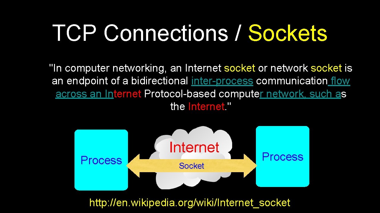 TCP Connections / Sockets "In computer networking, an Internet socket or network socket is