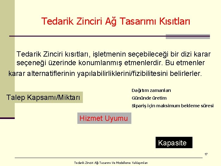 Tedarik Zinciri Ağ Tasarımı Kısıtları Tedarik Zinciri kısıtları, işletmenin seçebileceği bir dizi karar seçeneği