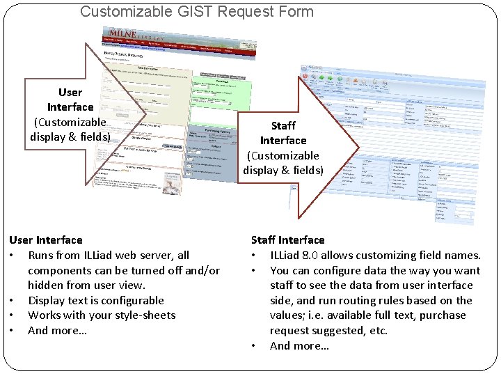 Customizable GIST Request Form User Interface (Customizable display & fields) User Interface • Runs