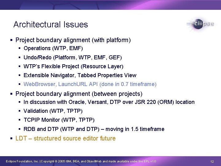 Architectural Issues § Project boundary alignment (with platform) § Operations (WTP, EMF) § Undo/Redo