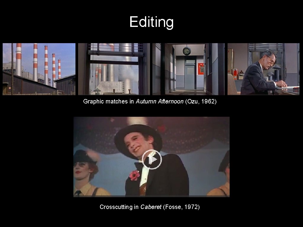 Editing Graphic matches in Autumn Afternoon (Ozu, 1962) Crosscutting in Caberet (Fosse, 1972) Editing Graphic matches in Autumn Afternoon (Ozu, 1962) Crosscutting in Caberet (Fosse, 1972)