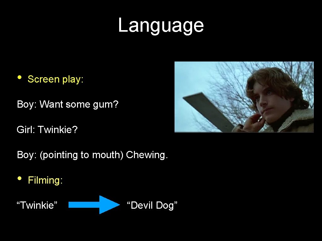 Language • Screen play: Boy: Want some gum? Girl: Twinkie? Boy: (pointing to mouth) Language • Screen play: Boy: Want some gum? Girl: Twinkie? Boy: (pointing to mouth)