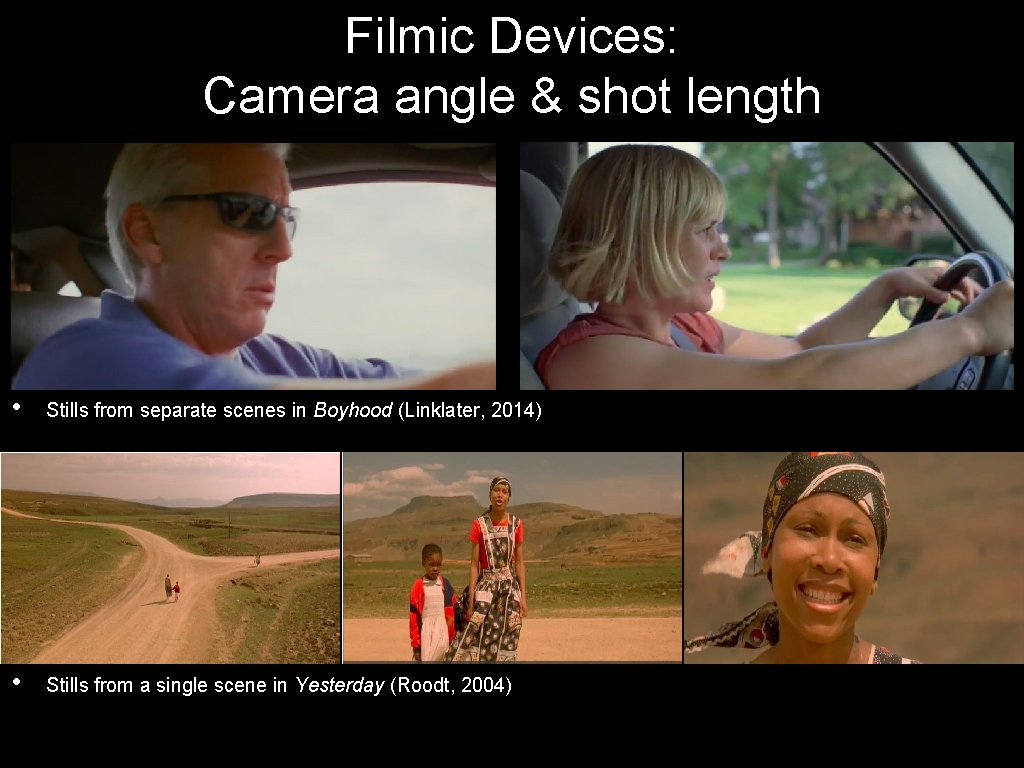 Filmic Devices: Camera angle & shot length • Stills from separate scenes in Boyhood Filmic Devices: Camera angle & shot length • Stills from separate scenes in Boyhood