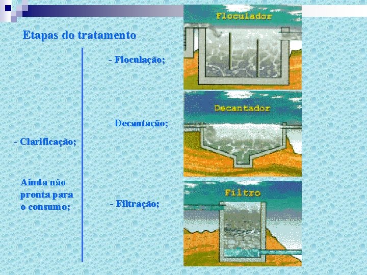 Etapas do tratamento - Floculação; - Decantação; - Clarificação; Ainda não pronta para o