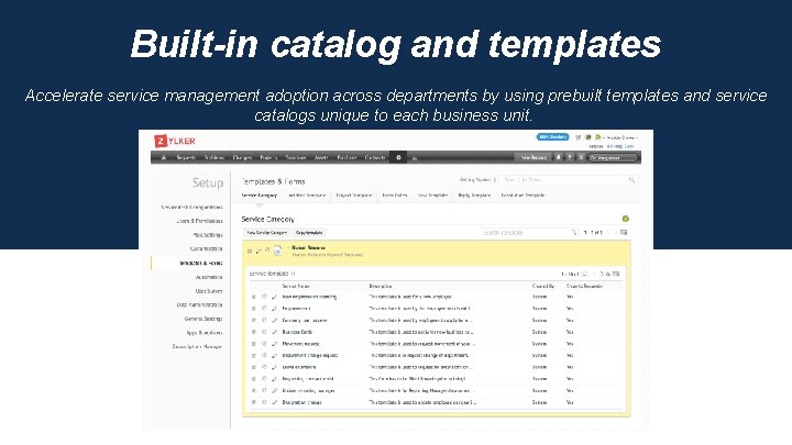 Built-in catalog and templates Accelerate service management adoption across departments by using prebuilt templates