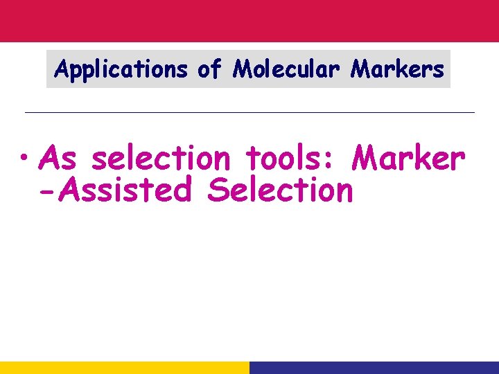 Applications of Molecular Markers • As selection tools: Marker -Assisted Selection 