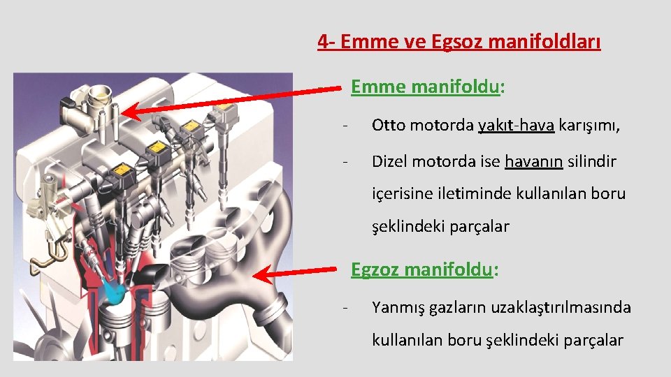 4 - Emme ve Egsoz manifoldları - Emme manifoldu: - Otto motorda yakıt-hava karışımı,