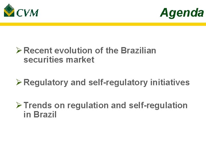 Agenda Ø Recent evolution of the Brazilian securities market Ø Regulatory and self-regulatory initiatives