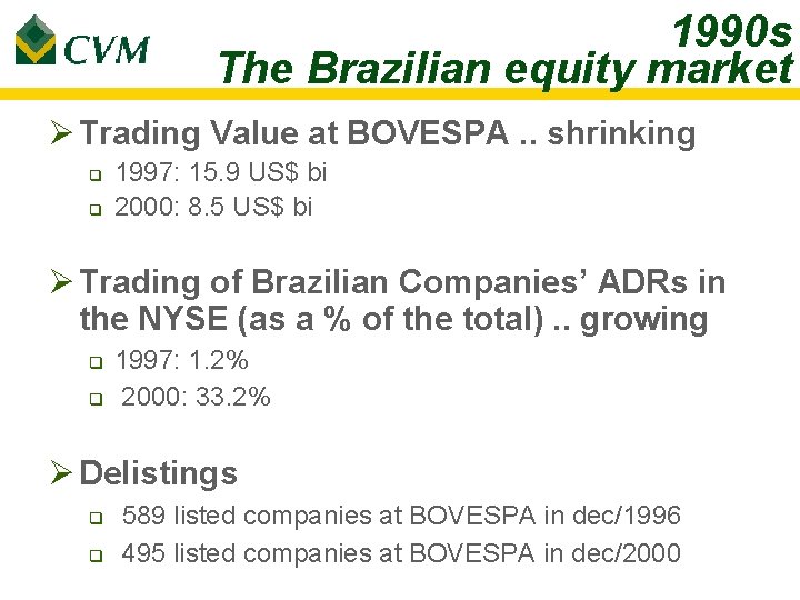 1990 s The Brazilian equity market Ø Trading Value at BOVESPA. . shrinking q