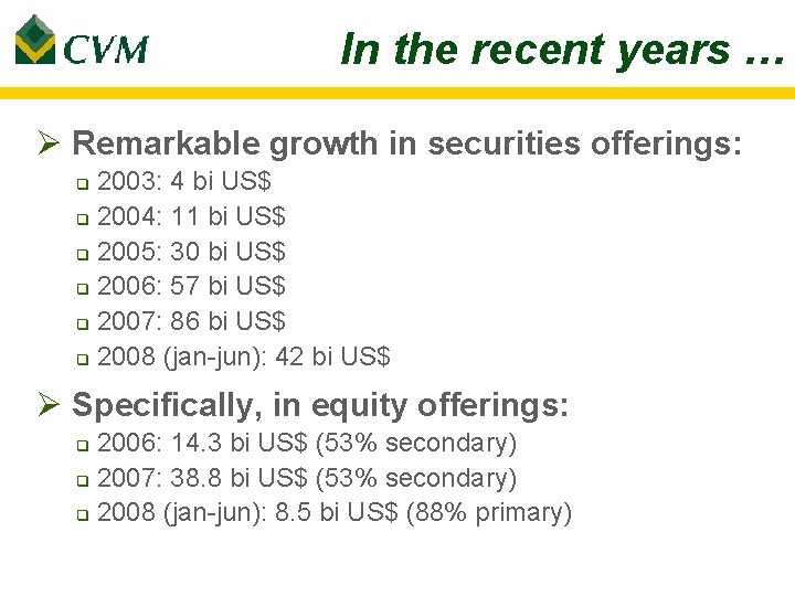 In the recent years … Ø Remarkable growth in securities offerings: 2003: 4 bi