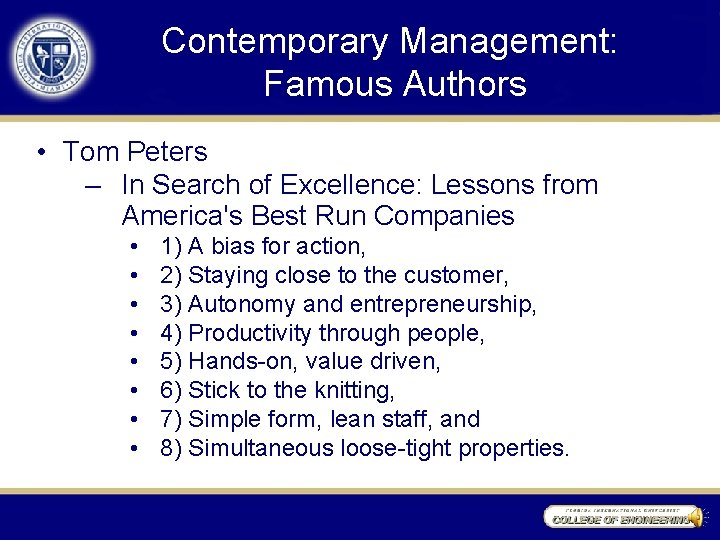 Contemporary Management: Famous Authors • Tom Peters – In Search of Excellence: Lessons from
